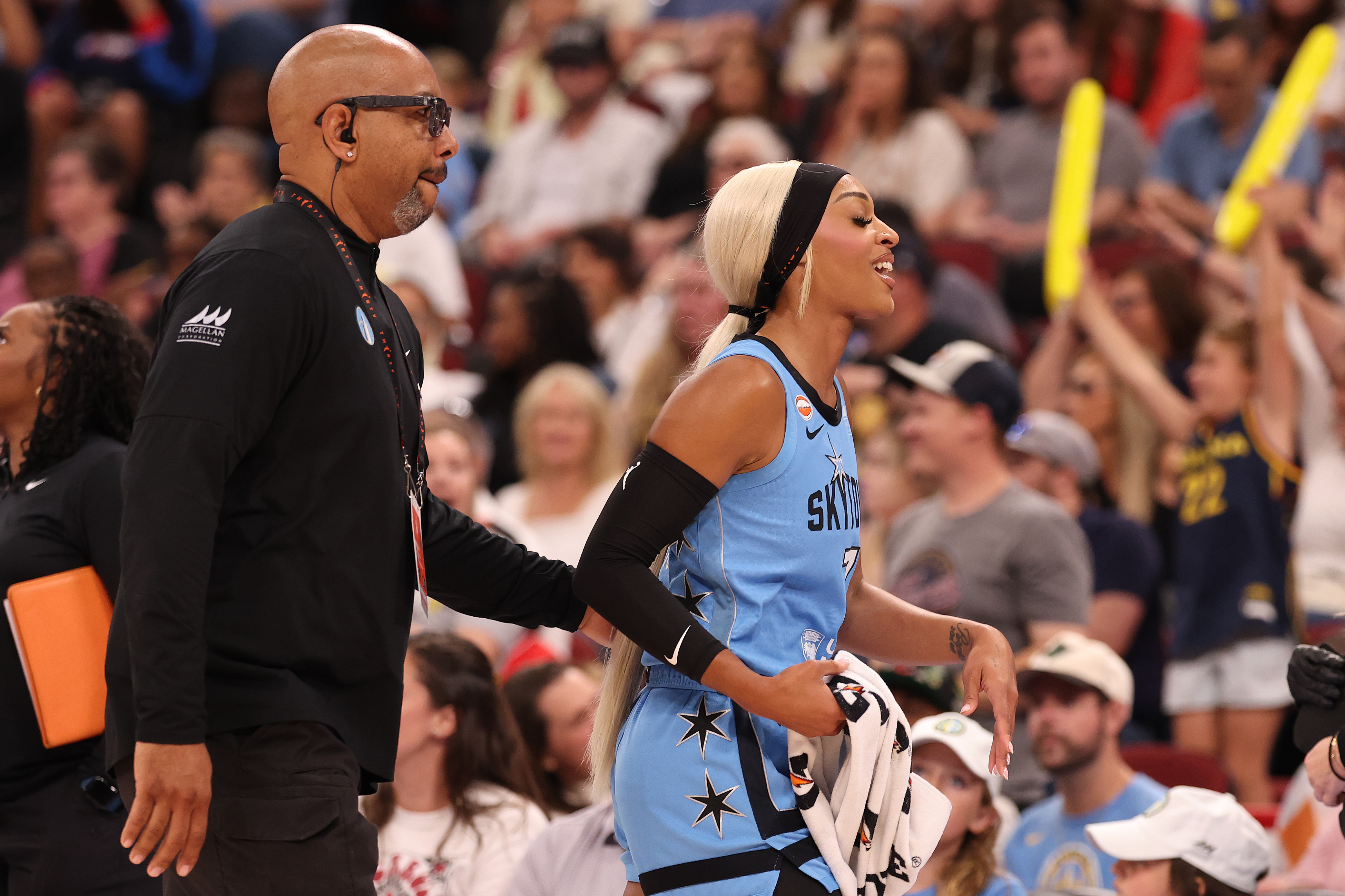 DiJonai Carrington reacting after being ejected during a Chicago Sky vs. Indiana Fever game at United Center