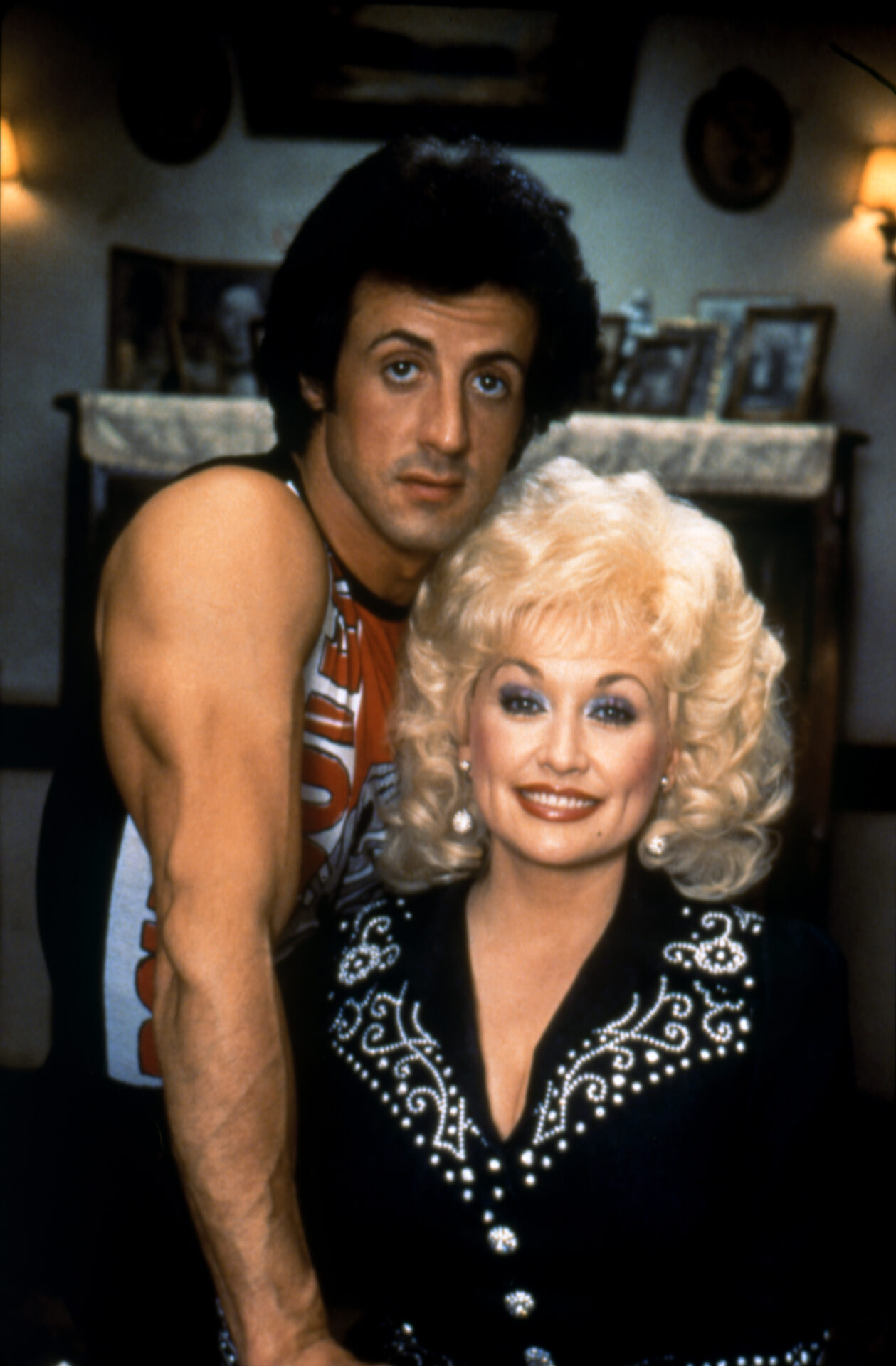 Dolly Parton and Sylvester Stallone together on the set of the 1984 film Rhinestone