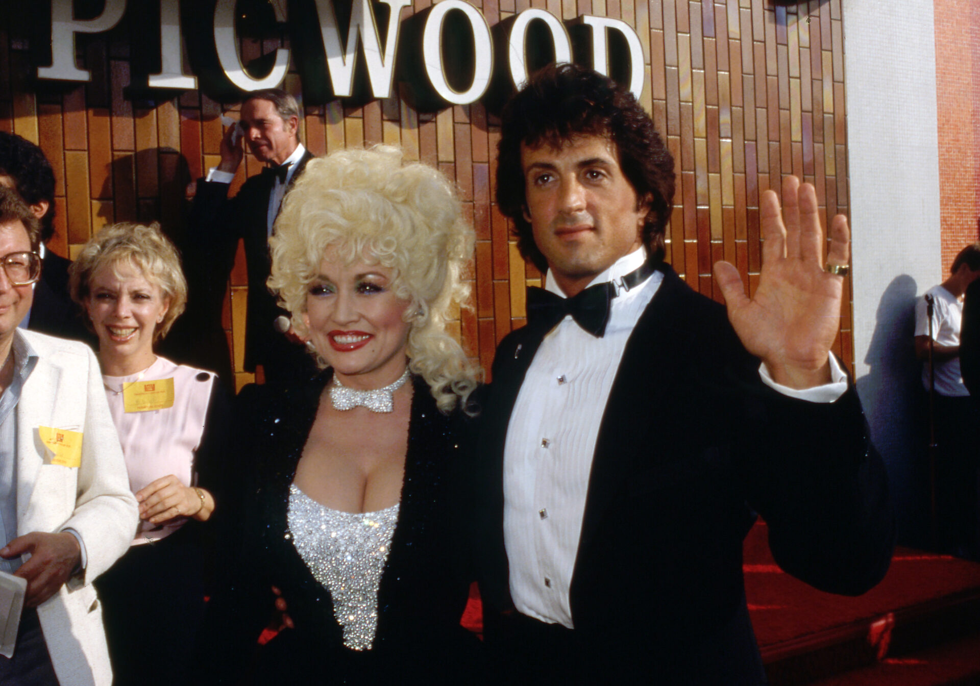 Dolly Parton and Sylvester Stallone at the Rhinestone movie premiere at the Picwood Theater in 1984