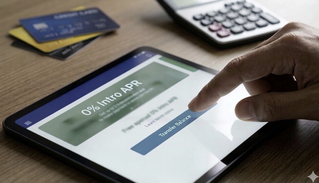 A person using a tablet to navigate a financial app displaying a 0% intro APR offer and a button to transfer balance, with credit cards and a calculator nearby.