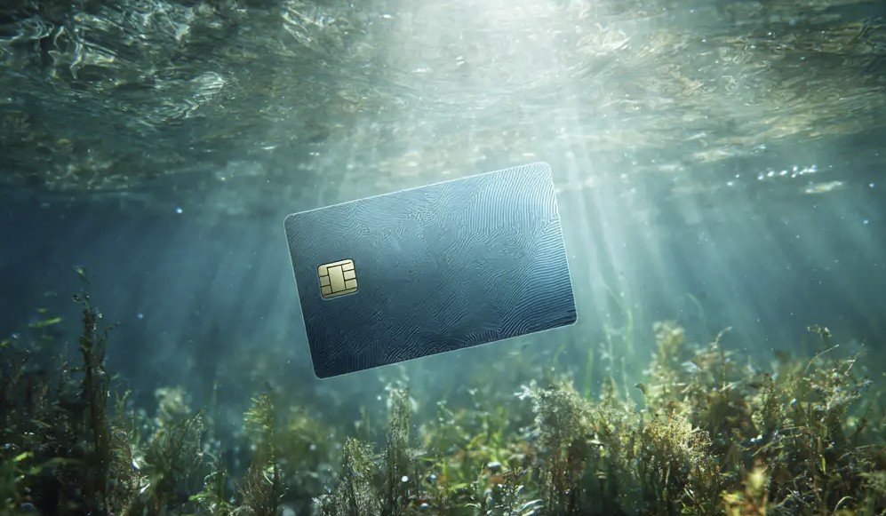 A credit card suspended underwater surrounded by aquatic plants and illuminated by sunlight beams.