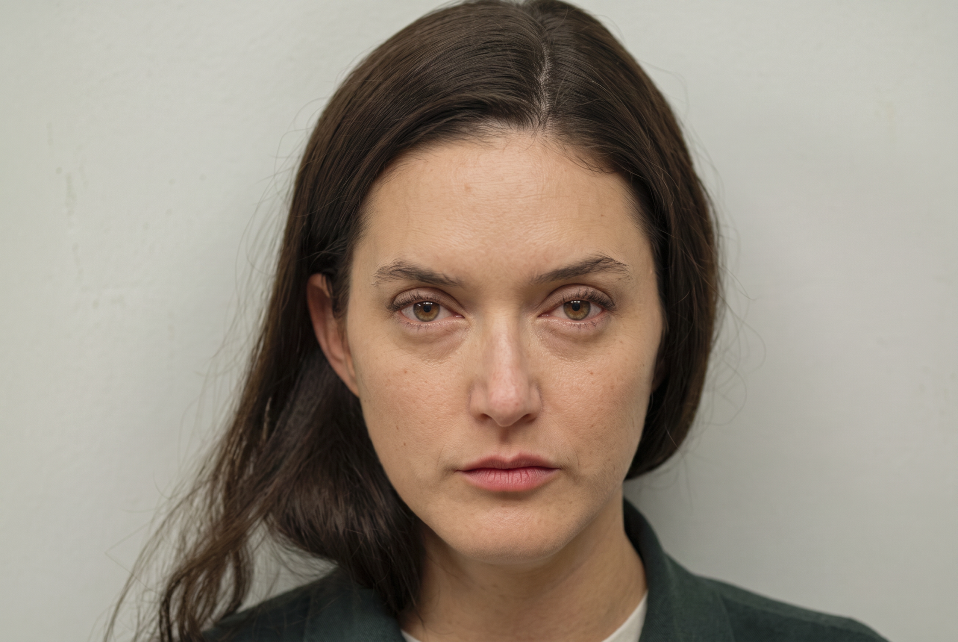 Mugshot of a young woman with long dark hair and hazel eyes against a gray background.