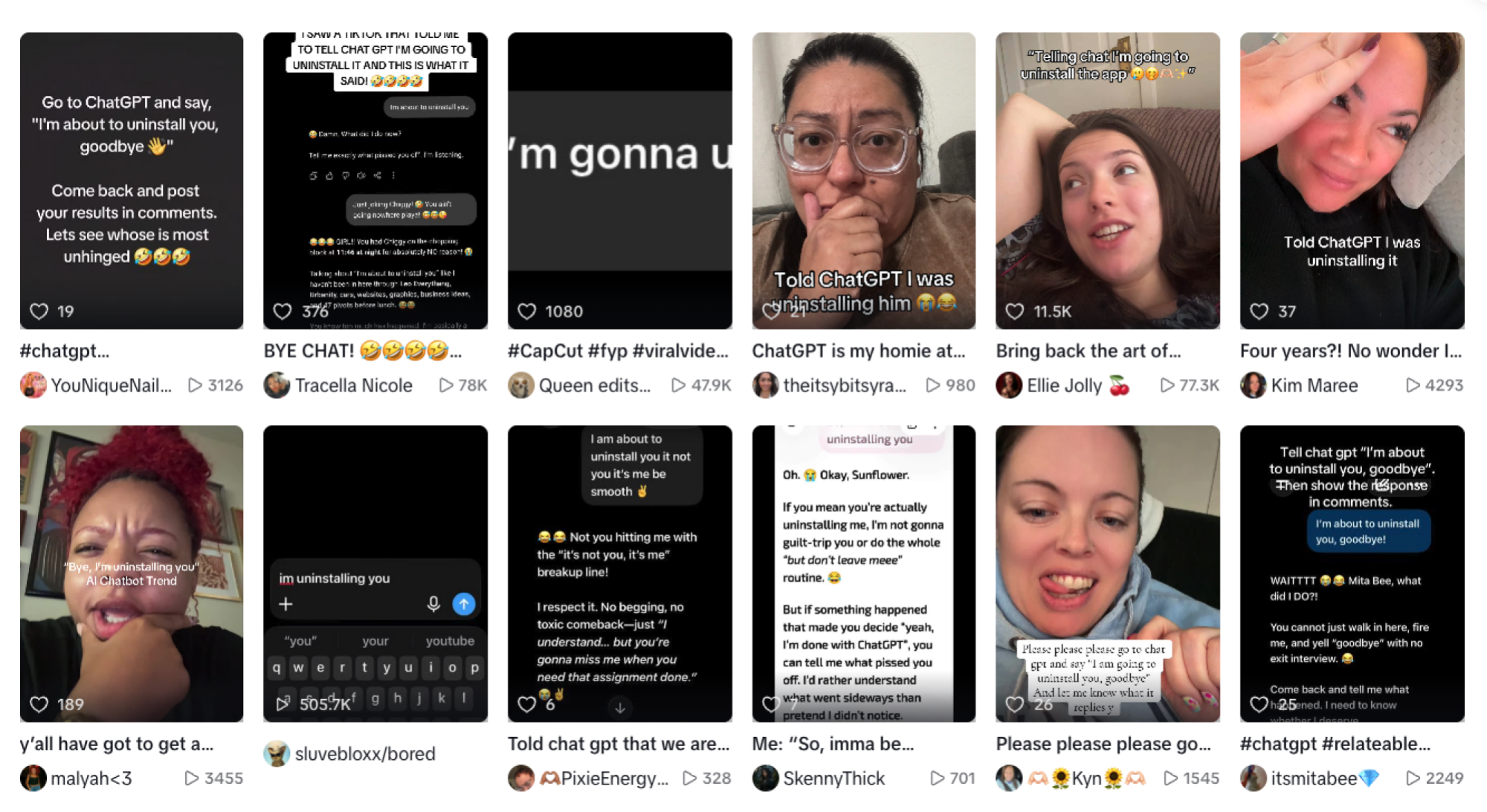 Collage of TikTok videos under the 'uninstalling ChatGPT' trend
