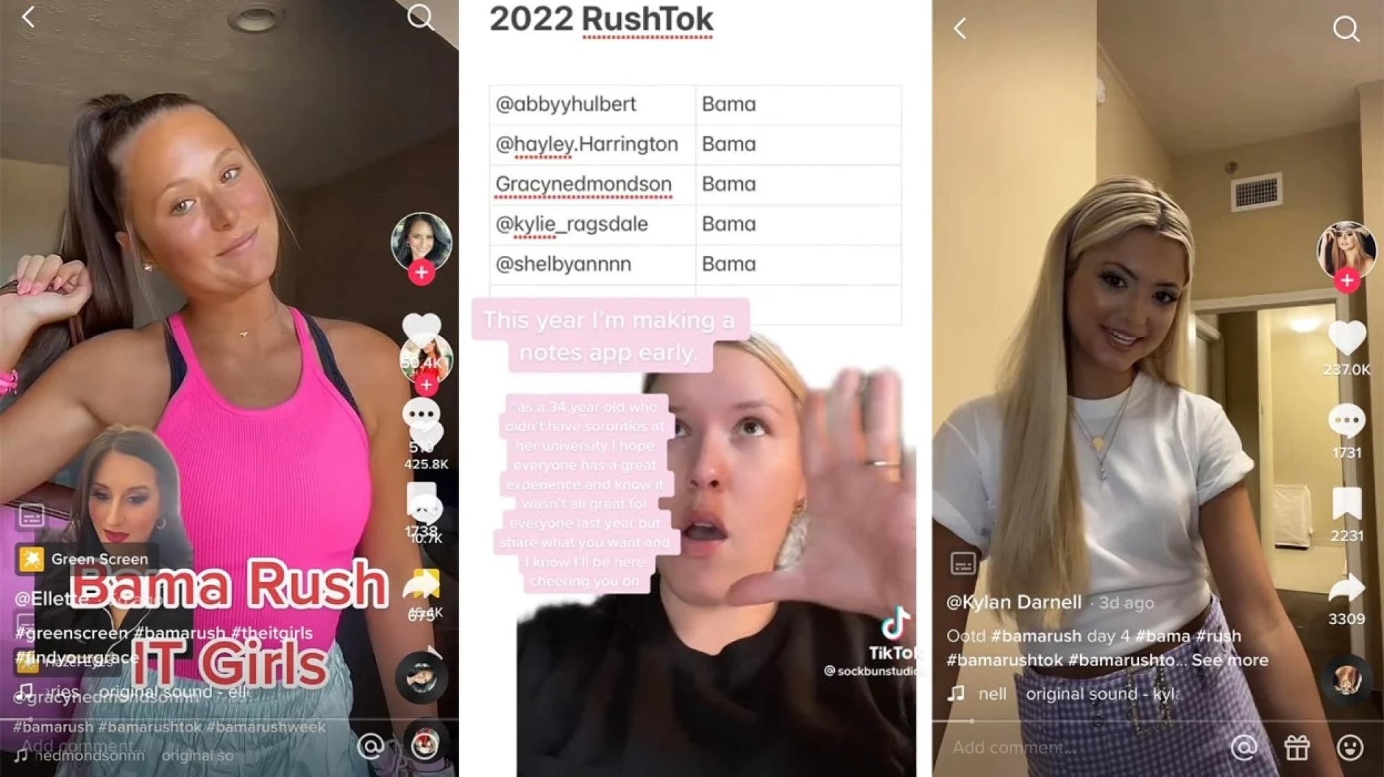 Three TikTok screenshots featuring women discussing and documenting Bama Rush and 2022 RushTok, including an outfit-of-the-day video from Kylan Darnell.