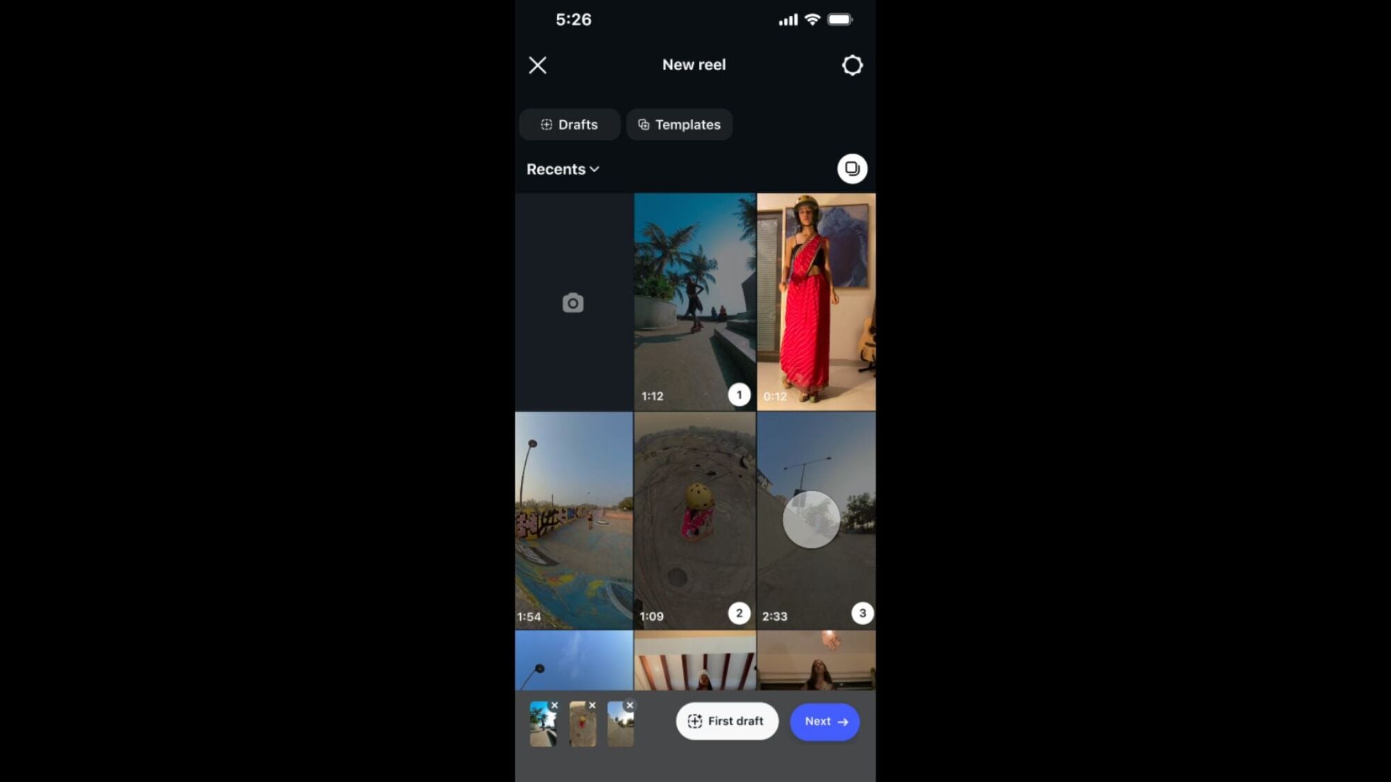 Instagram’s New Reel screen showing three selected rollerblading videos and the new First Draft button beside Next.