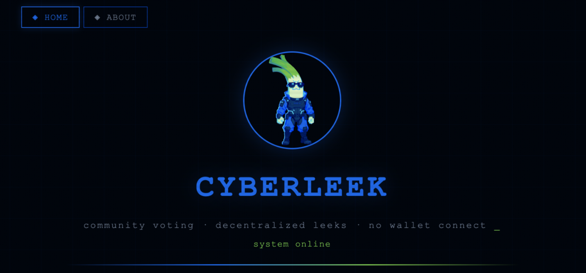 screenshot of the CyberLeek homepage featuring a pixelated leek character and text advertising community voting and decentralized leaks.