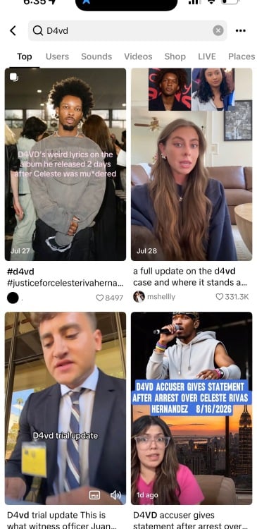TikTok search results for “D4vd” showing videos discussing the musician and the Celeste Rivas Hernandez case.