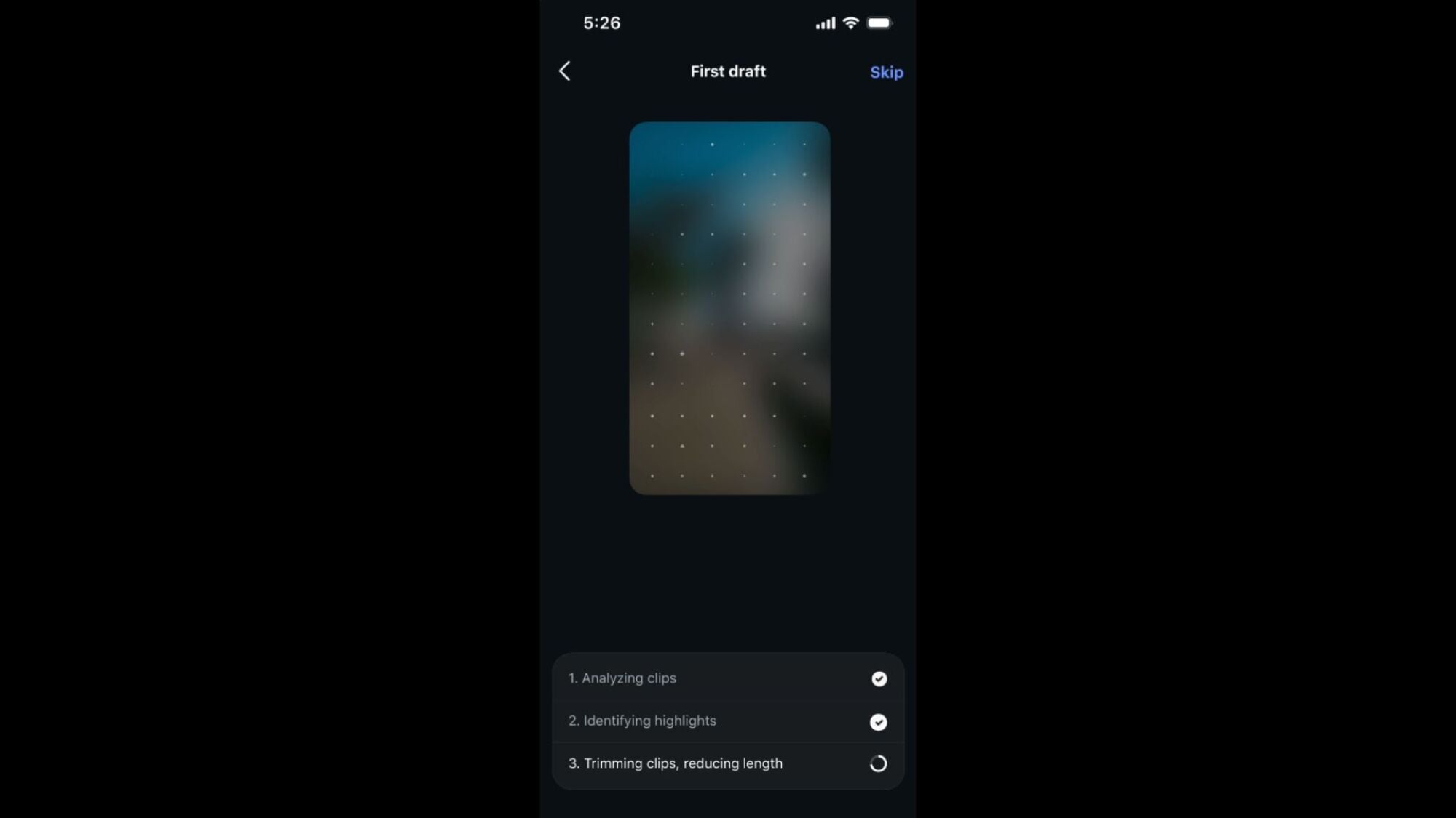 Instagram’s First Draft processing screen analyzing clips, identifying highlights, and trimming footage to reduce its length.