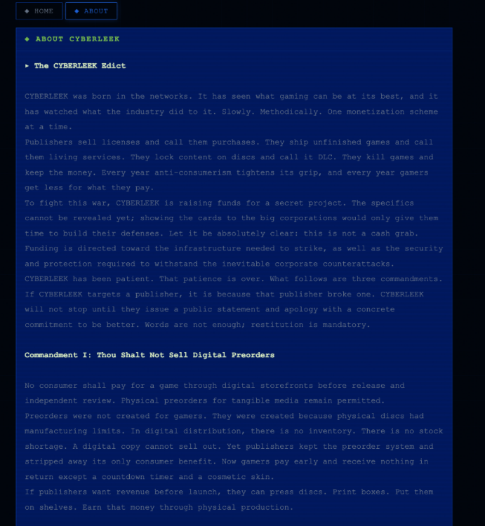 screenshot of the CyberLeek About page displaying the beginning of its manifesto and its commandment against digital preorders.