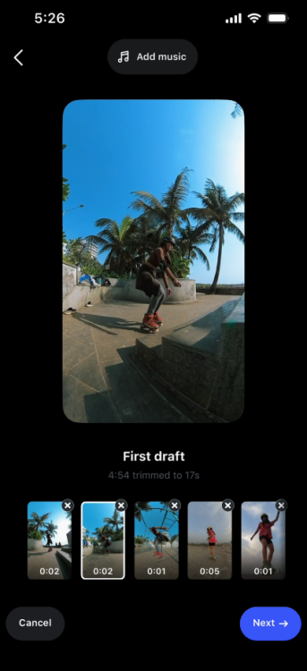 A First Draft Reel preview showing several rollerblading clips condensed from 4 minutes and 54 seconds into a 17-second video.