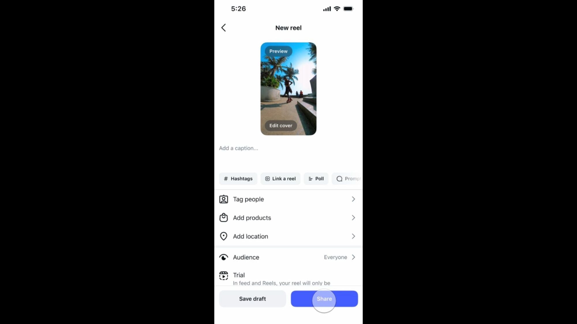 Instagram’s Reel publishing screen showing the First Draft video ready for a caption, tags, audience settings, and sharing.