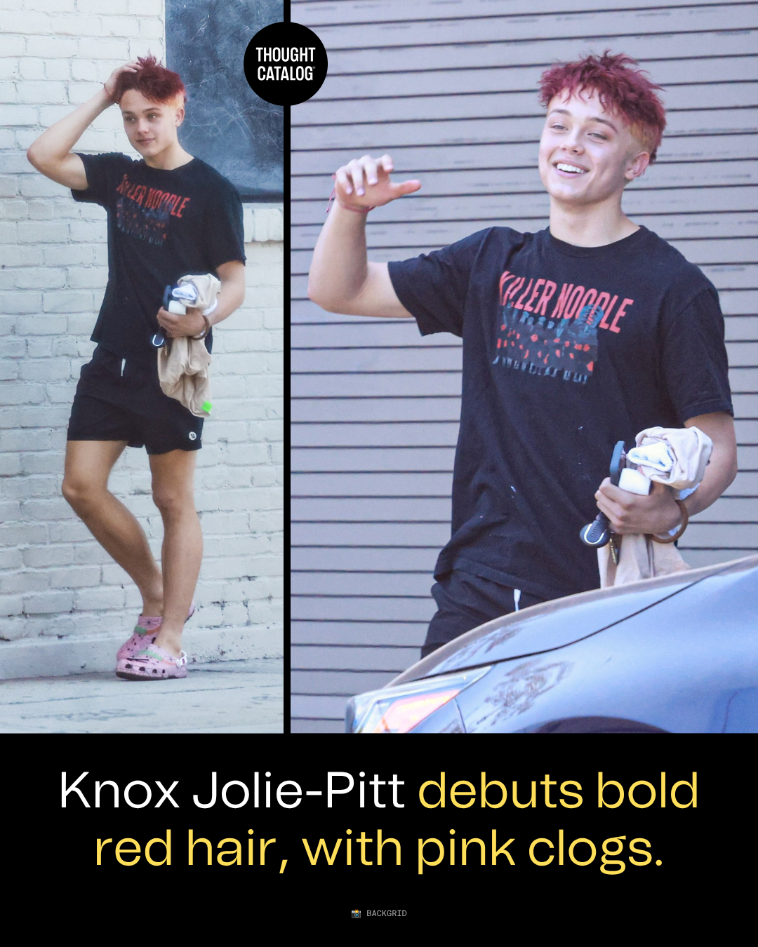 Knox Jolie-Pitt Debuts Bold Red Hair, With Pink Clogs