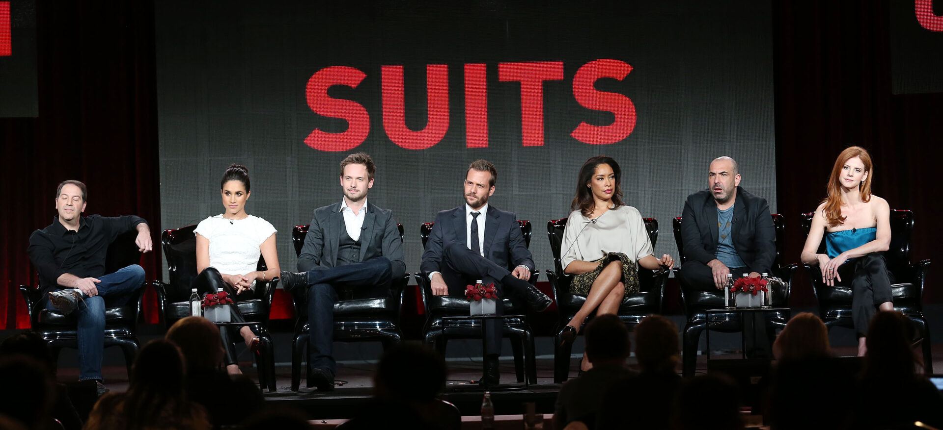 Meghan Markle and the cast of Suits speak on a panel at the 2014 Winter TCA Press Tour at the Langham Hotel in Pasadena, California