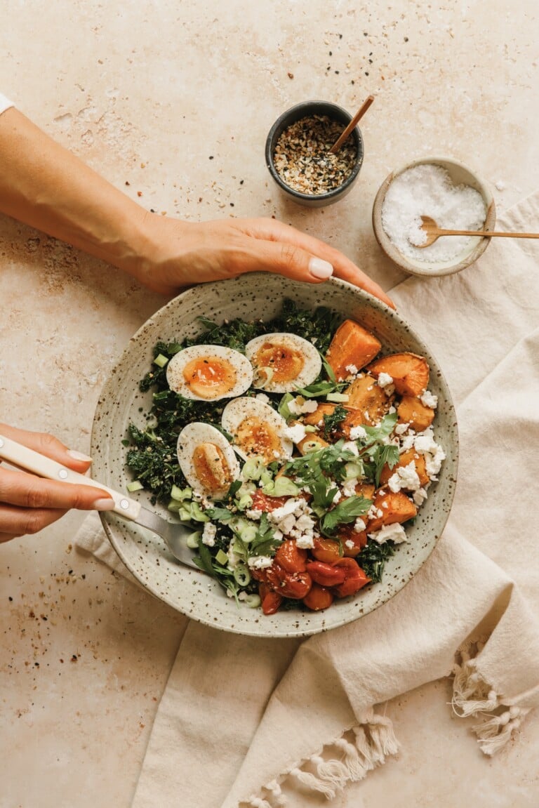 sweet potato jammy egg breakfast bowl_how to reduce bloating