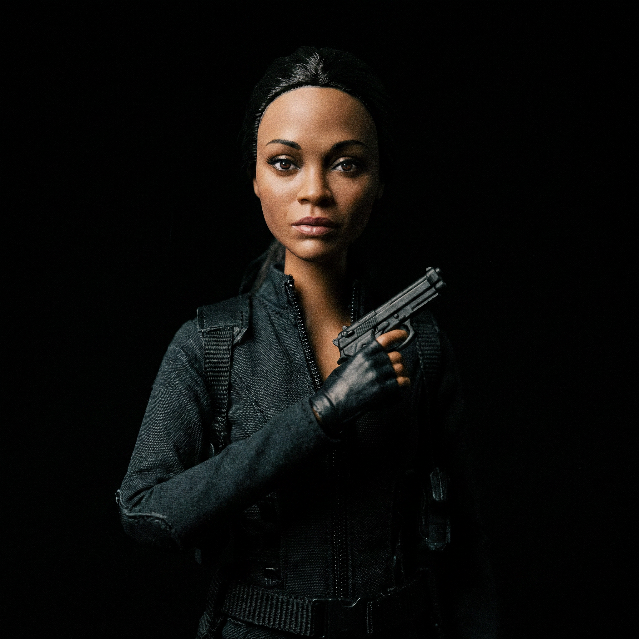 Realistic female action figure in black tactical outfit holding a small pistol, set against a black background.