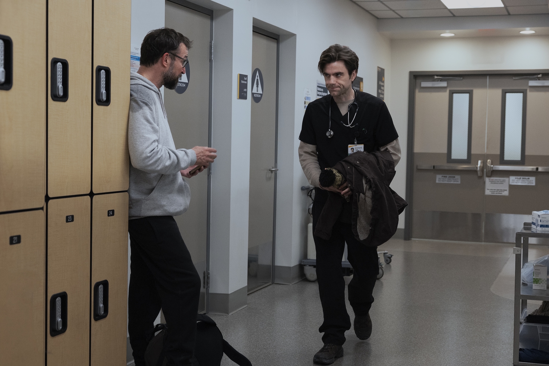 Interior locker corridor on the set of The Pitt