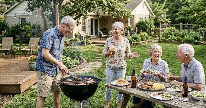 Group of seniors enjoying a backyard barbecue with grilled burgers, side dishes, and drinks, fostering a cheerful atmosphere of friendship and outdoor dining.