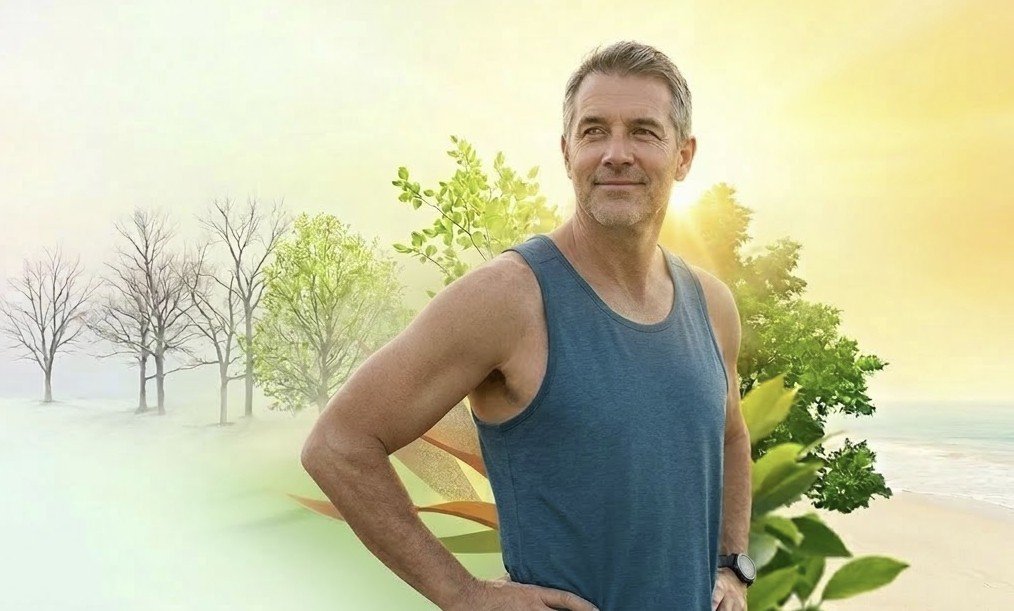 Man in a tank top stands confidently against a backdrop of trees and a sunlit beach, symbolizing health and vitality.