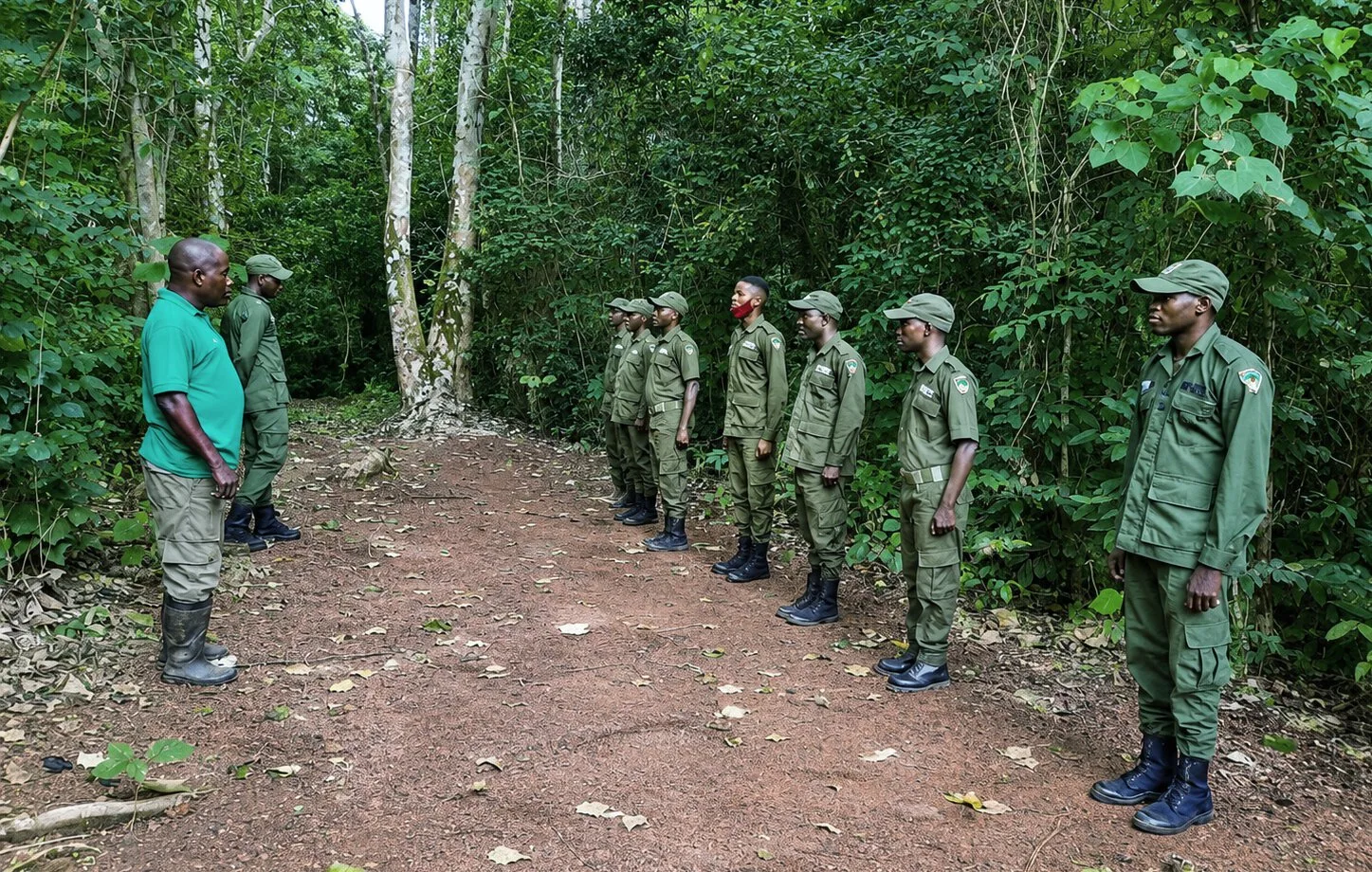 Forest rangers line up for an early morning drill before heading out on patrol in Omo Forest Reserve.