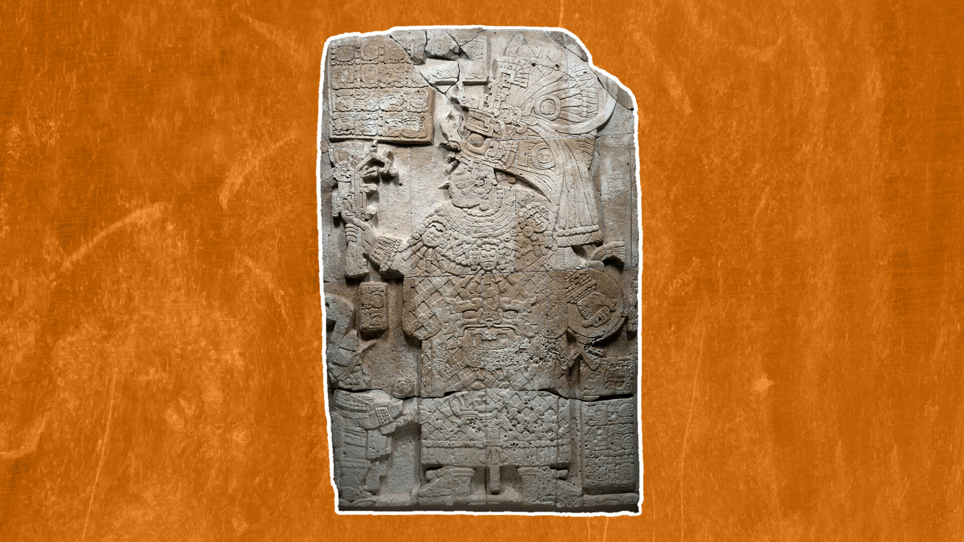 a carved portrait of a Maya queen with an orange background