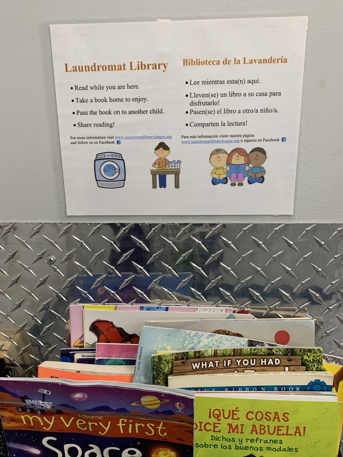 Books at a laundromat.
