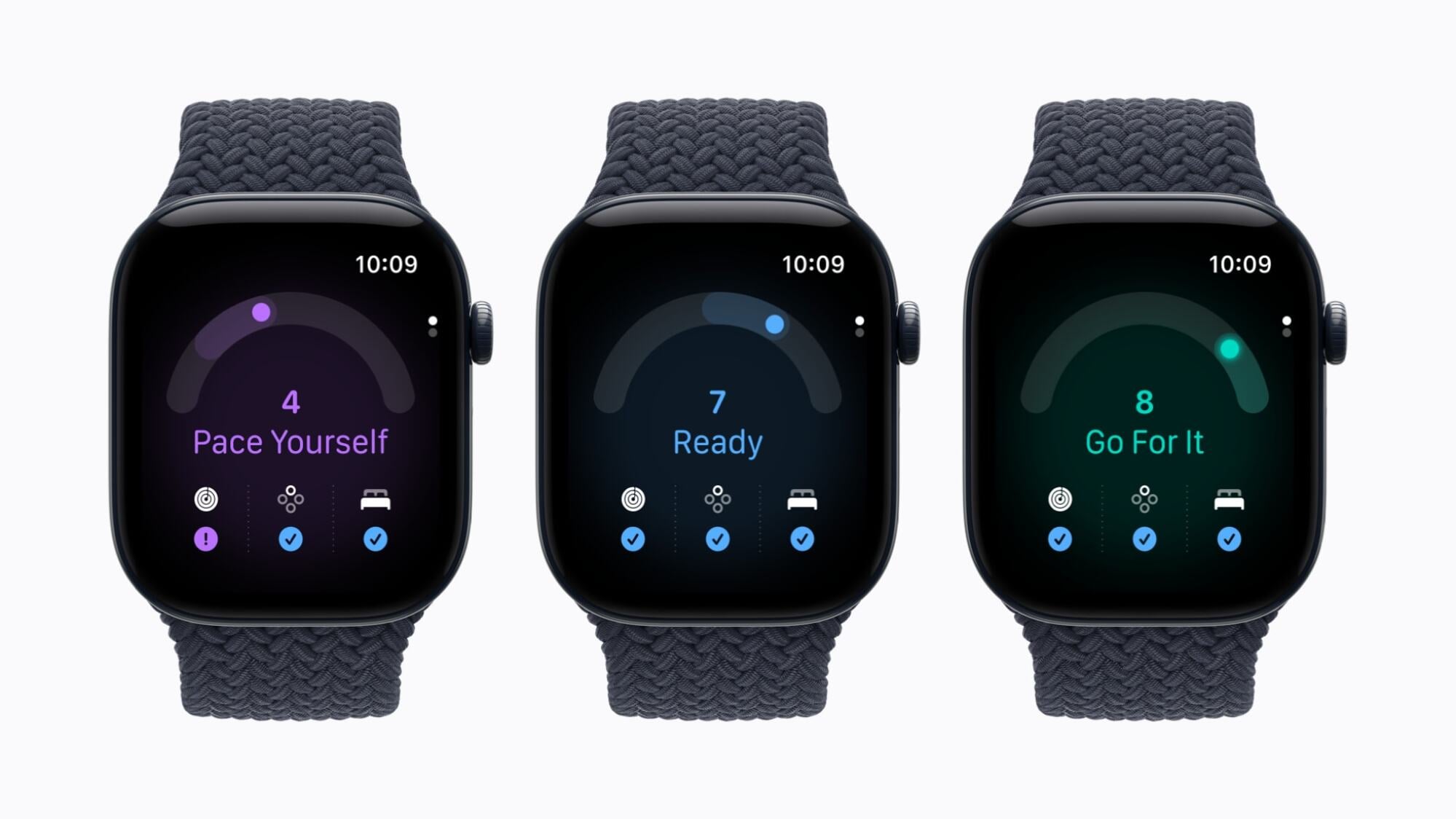 three apple watches series 12 displaying a readiness score