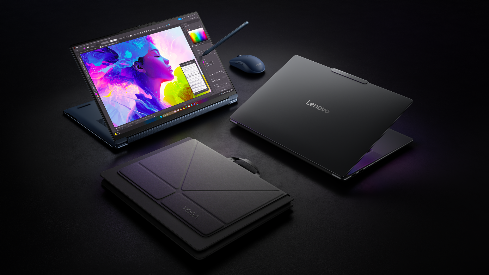 the Lenovo Yoga 9n 2-in-1 and Yoga Pro 9n with accessories
