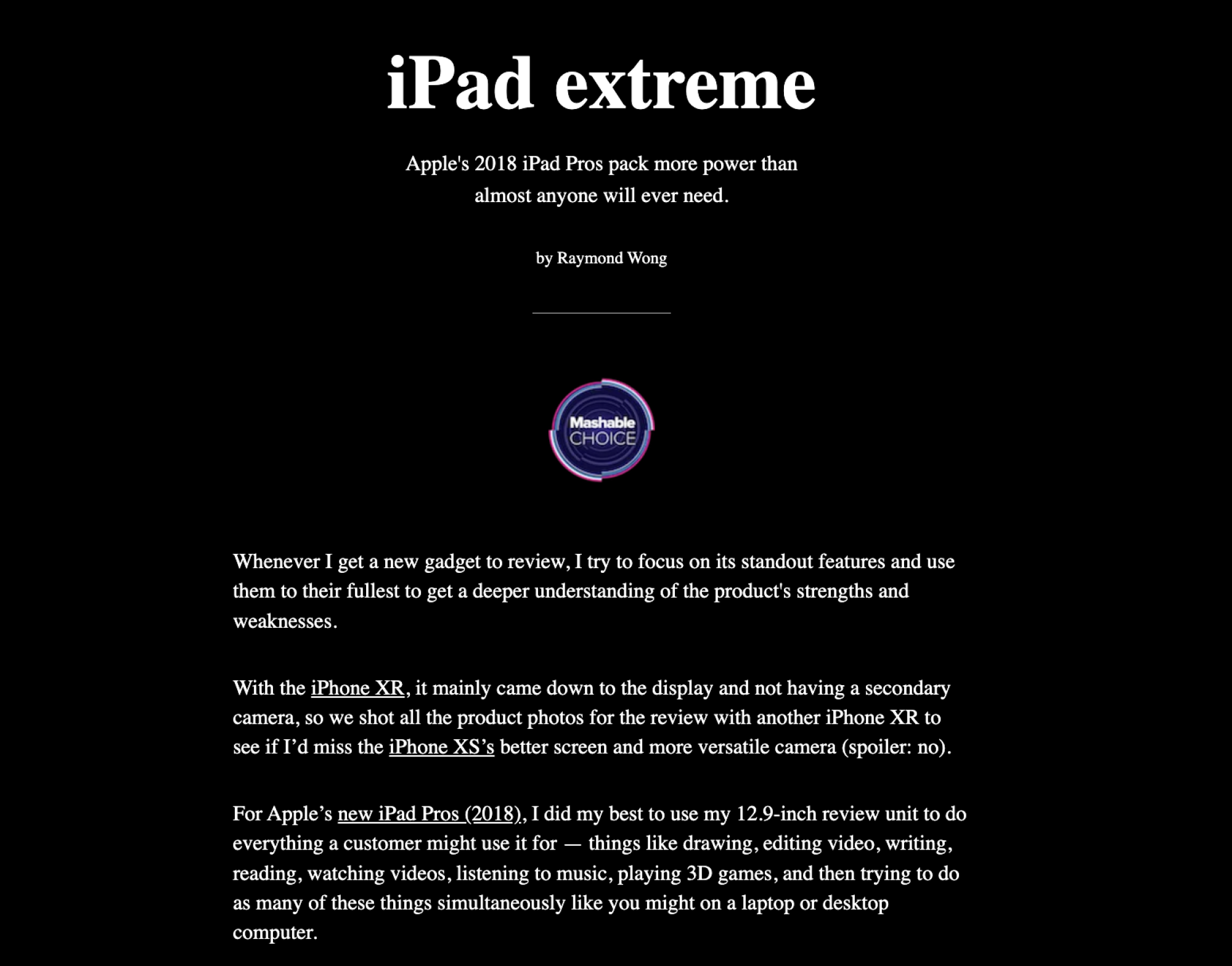 A screenshot of a story about the 2018 iPad Pro.