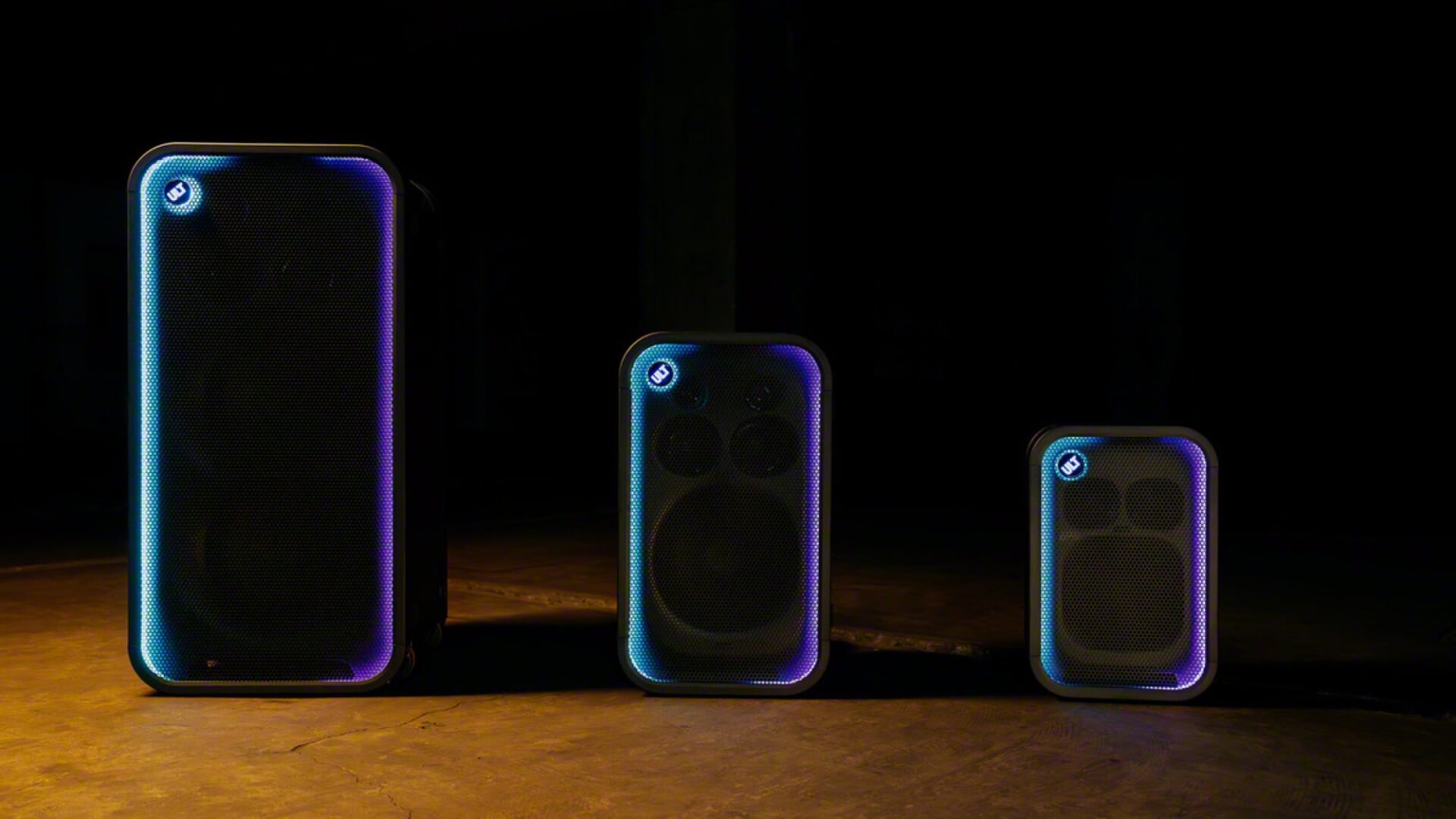 ULT Tower Max, ULT Tower 7, and ULT Tower 5 speakers sitting in a line