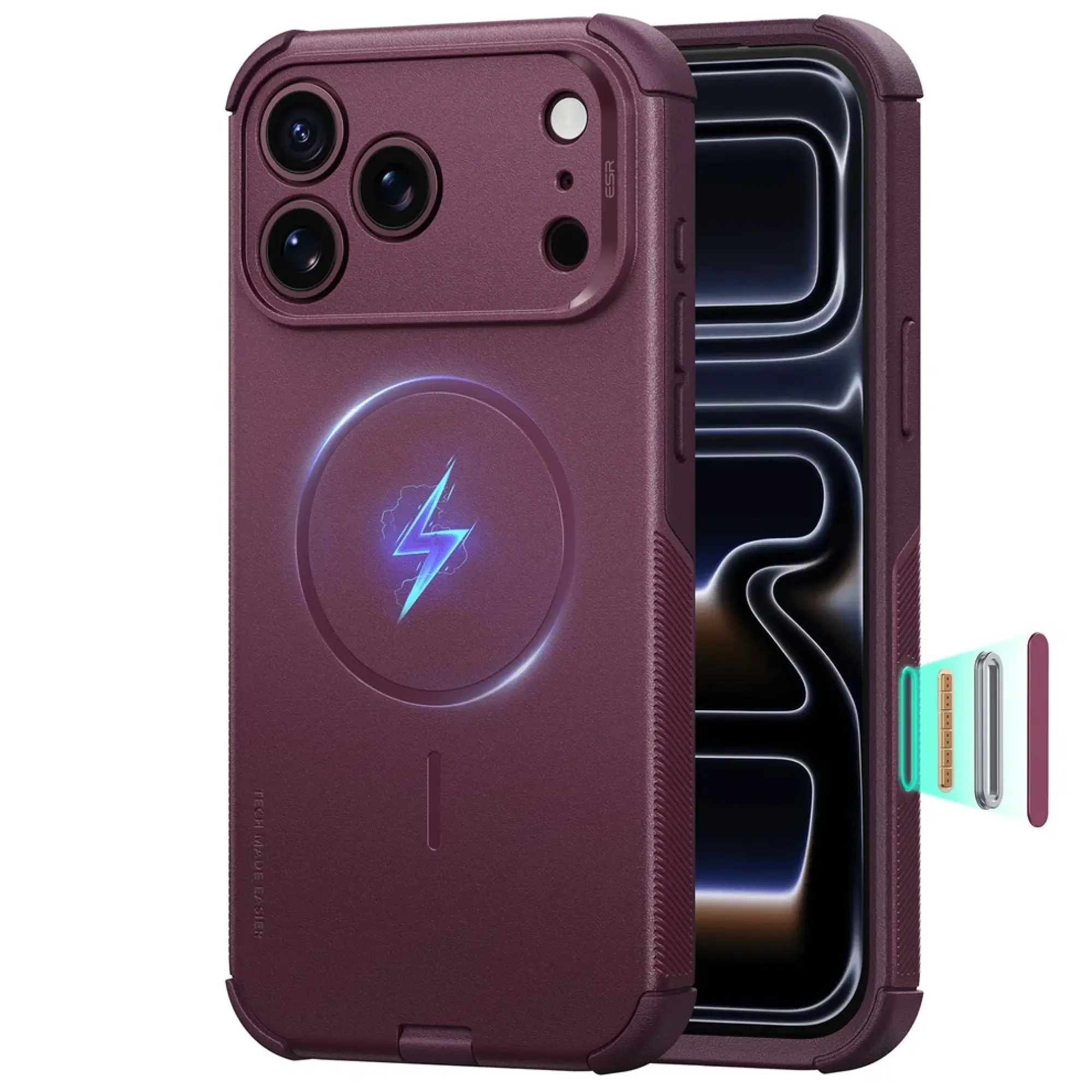 an iphone 18 pro max phone with a burgundy-colored phone and case