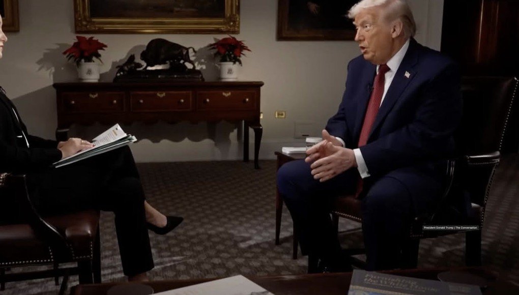 Interview with Donald Trump in a formal setting, discussing key topics while seated across from a female interviewer with notes.